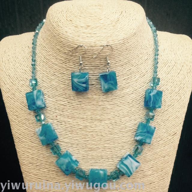 欧美流行春夏季新款热销女士方块水晶琉璃锁骨短项链+耳环套装