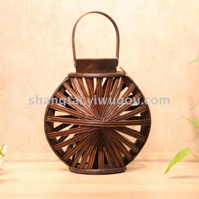 Southeast Asian Style Handmade Bamboo and Wood Woven Lantern Candlestick X0018