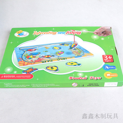 Children's magnetic fishing toy wooden cat fishing rod puzzle board early education puzzle game.