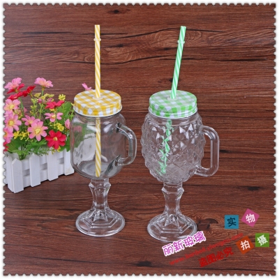 Creative Straw Glass Pineapple Cup with Handle Beverage Cup Transparent Cup with Lid