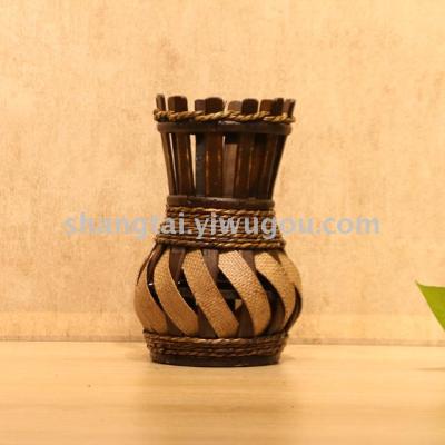 Chinese Retro Southeast Asian Style Handmade Bamboo Woven Vase Flower Flower Container X00292a