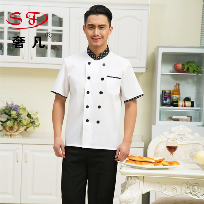 Where the luxury hotel supplies wholesale chef uniform overalls spring summer black collar and short sleeves