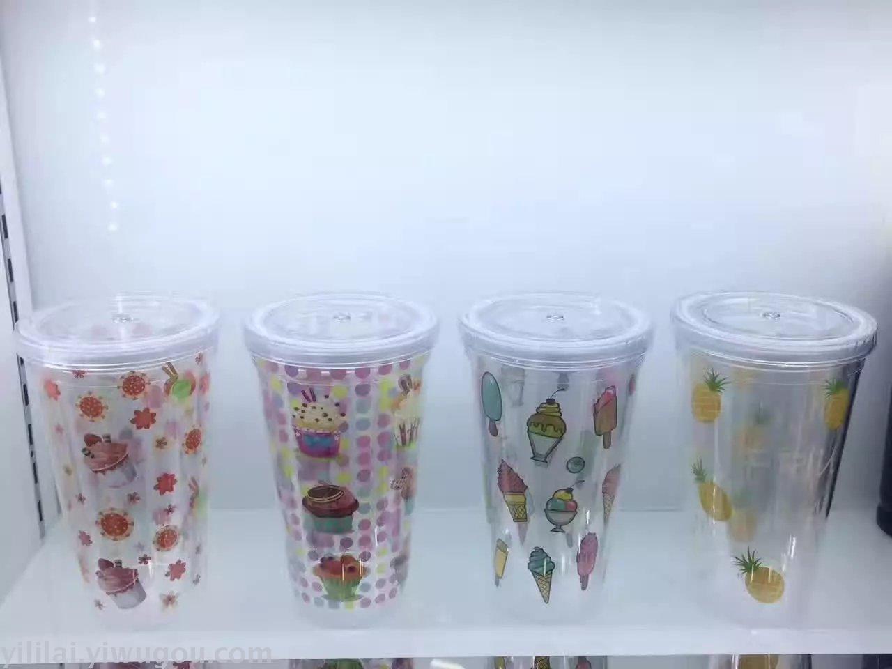 塑料杯 双层水杯 吸管杯 平盖搭弯管 直管冰激凌菠萝沙滩图案 