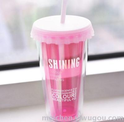 Fluorescent double layer cup, cup, straw cup, cup, girlfriend, birthday gift, plastic cup