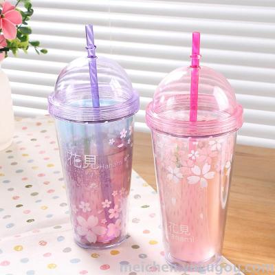 Creative cartoon Straw Sakura double cover cup double summer coffee cup with cover cute female adult plastic