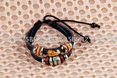 Vintage cowhide wooden bead bracelet wire braided alloy Pendant Bracelet