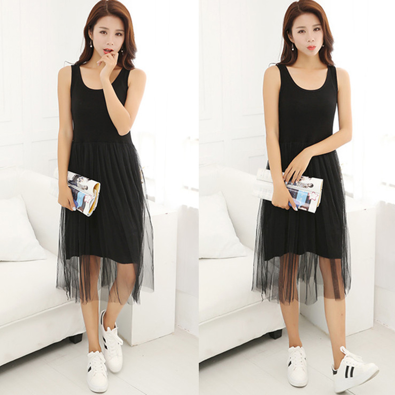 韩版女士莫代尔蕾丝中长款拼接背心吊带打底裙连衣裙