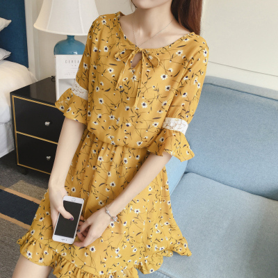 Summer new small fresh large size in the long skirt in the sleeves floral chiffon dress female