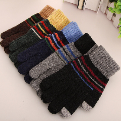 New men 's striped knitted five - finger gloves touch screen split finger gloves winter color