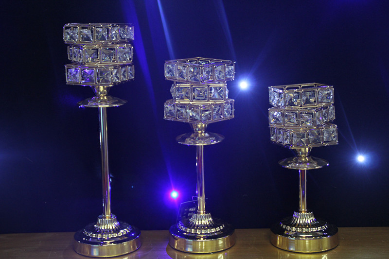 欧式 镀 金铁艺水晶三件套烛台 婚礼酒店餐桌装饰婚庆烛台