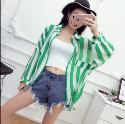 Summer Korean version of the lapel long sleeves loose loose stripes shirt sunscreen thin section