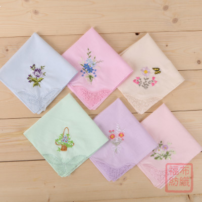 Women's Cotton Embroidered Handkerchief Color Bottom Square Scarf Embroidered Lace Edge Handkerchief Cotton Factory Direct Sales Gift Customization
