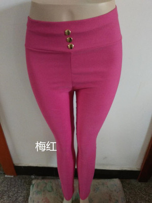High Waist Stretch Pencil Skinny Pants Slim Fit All-Match Solid Color Multi-Button Women's Leggings