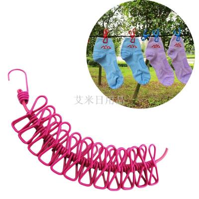 Outdoors with Clamps Clothesline Clothes Rope Travel Portable Retractable Elastic Strap with 12 clips