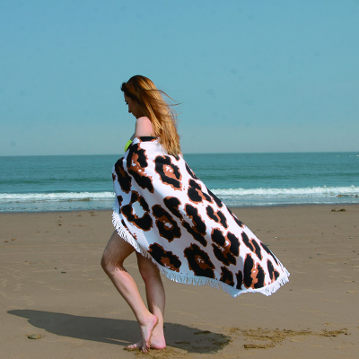 Leopard Print Summer Round Beach Towel Microfiber Blanket with Tassel 