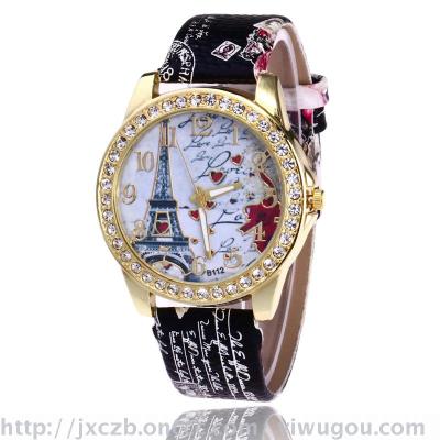 Foreign trade hot diamond Eiffel Tower belt watch printed female watch