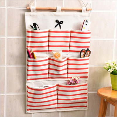 8-Grid Cotton and Linen Fabric Hanging Bag Striped Storage Organization Bag Bow Hanging Storage Bag Hanging Bag