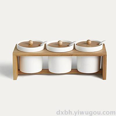 Creative bamboo wood trimming cans three - piece round stool - type ceramic dressing bottle simple white ceramic cans
