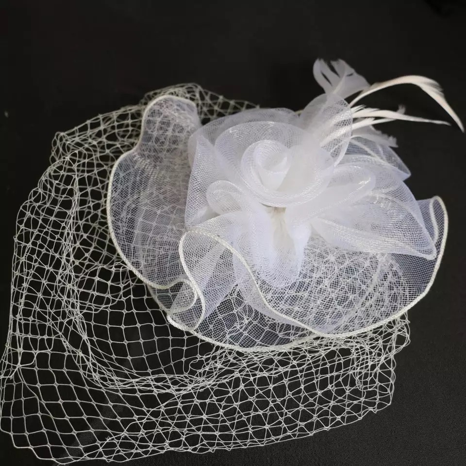 新娘遮面夸张羽毛头饰 白色舞台表演出网纱头花面纱发饰发卡