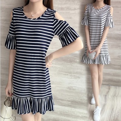 Summer strapless short-sleeved stripes lotus leaf loose in the long paragraph horn sleeve dress