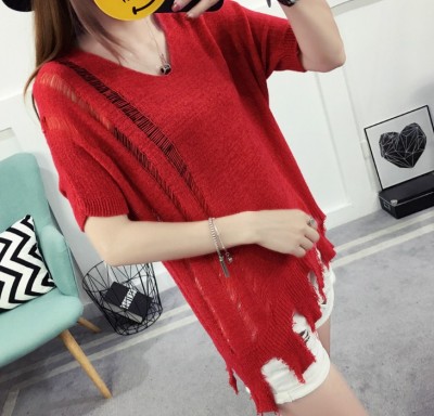 New Korean version of the wild knitwear female hole tassel loose hollow blouse short sleeve shirt