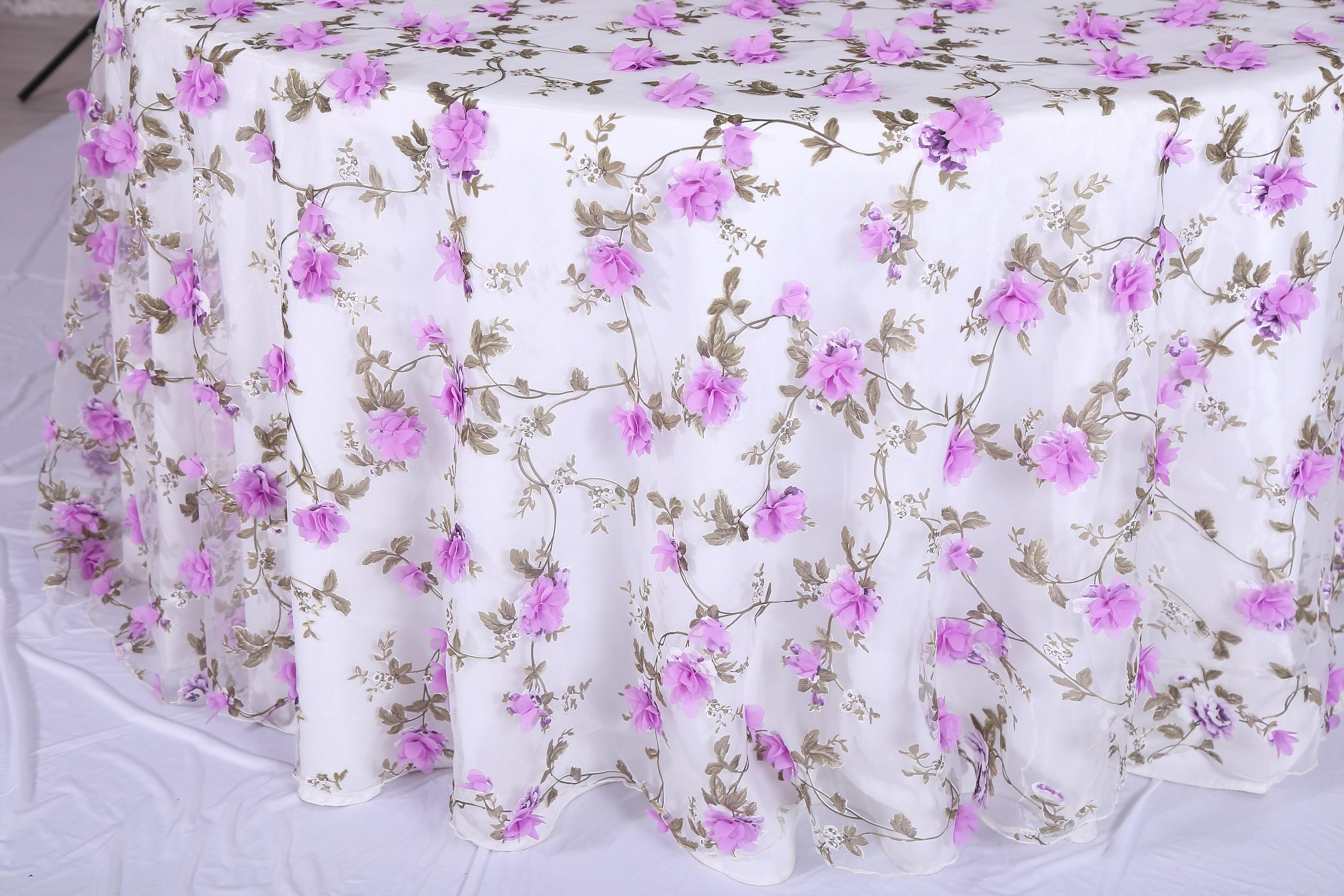 新款欧根纱烂花雪纺手工钉花台布 婚庆酒店圆形桌布款式新颖