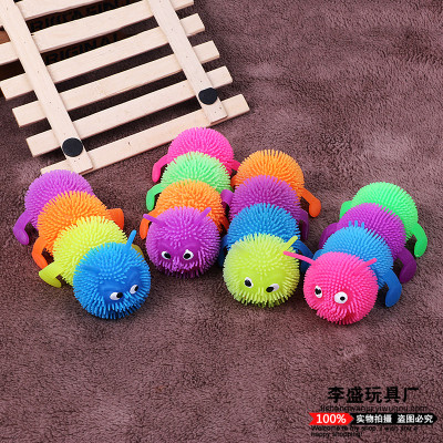 The light emitting caterpillar releases The soft rubber flash ball.