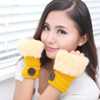 Knitted Wool Half Finger Gloves Women's Short Autumn and Winter Turn-over Button Gloves