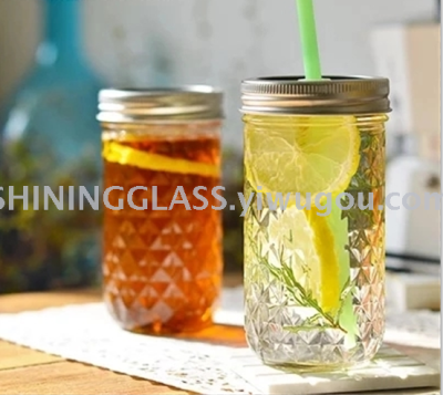 Transparent Glass Diamonds Mason Cup Juice Drink Cup Round Pineapple Cup Suction Cup