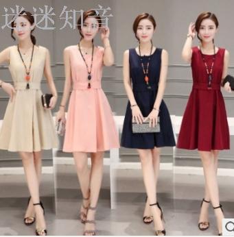 Summer new women's large size Korean Slim skirt round neck was thin cotton lin dress