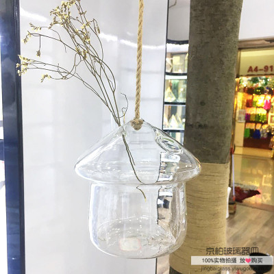 Creative glass hanging vase bottle water to cultivate small transparent bottle hanging rope Green