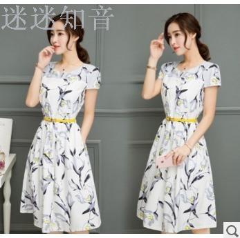 New summer Korean fashion middle - aged thin skirt summer short - sleeved floral skirt