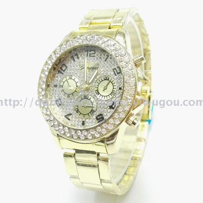 Full of drilling three false six - pin diamond - plated steel men and women watches