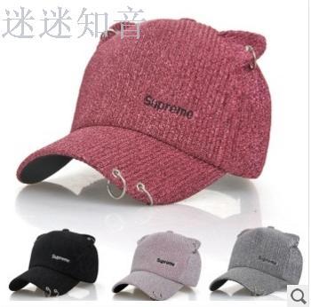 Autumn and winter new hat lady cat ears baseball cap men's casual iron ring cap