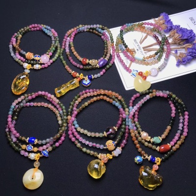 Pure natural Brazilian tourmaline bracelet tourmaline pendant 108 buddhist beads hand string wangfu an object a picture