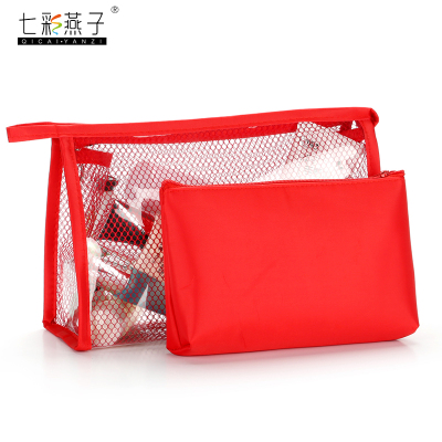 Korean version of high quality waterproof PVC cosmetic bag female mesh two sets of storage package