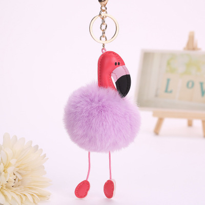 Flamingo key chain case pendant mobile phone pendant chain, creative animal modeling fur ball pendant wholesale custom