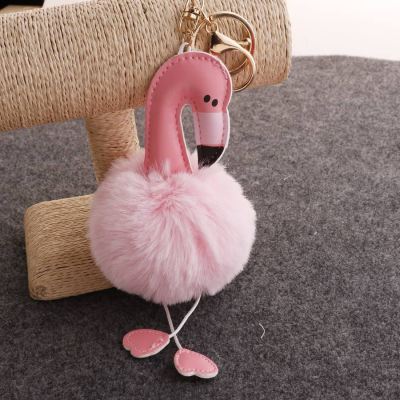 Flamingo fur ball key chain lady fur bag pendant PU leather key chain pendant