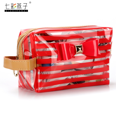Korean quality PVC stripes bow cosmetic bag women's cosmetics incorporated