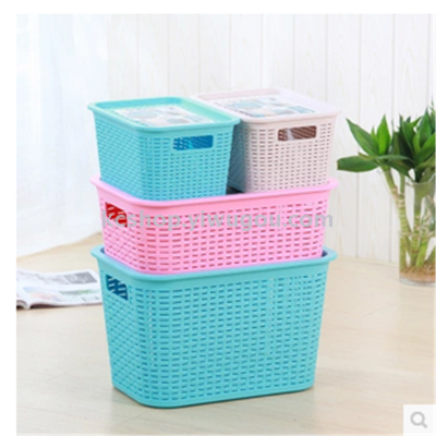 Thick faux rattan storage basket lid storage box plastic storage basket rectangular hollow storage storage box