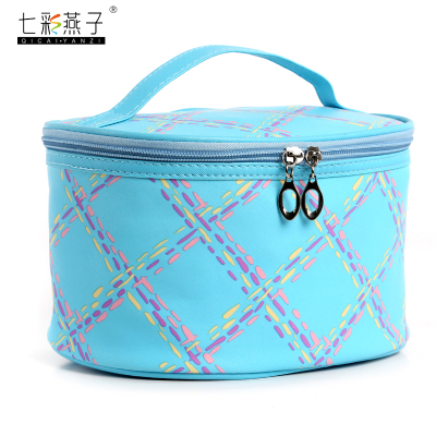 Plaid picture cylinder makeup bag PU large checked handbag cosmetics collection manufacturers direct sales.