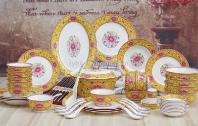 Enamel double bowl 60 high-end cutlery set bone China embossed pattern Dinnerware