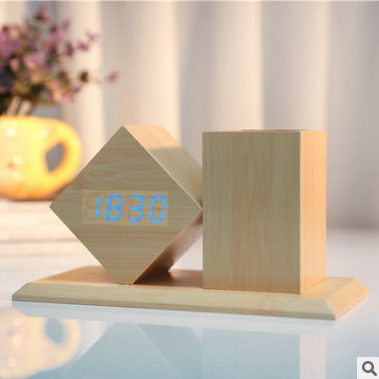 New 2017 wooden LED alarm clock pen holder