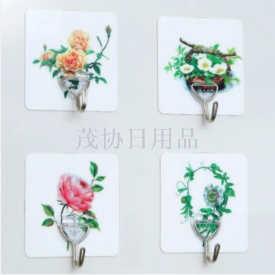 Magical Non-Marking Sticker Hook Waterproof Household Nail-Free Super Strong Stainless Steel Hook Painted Flower Series
