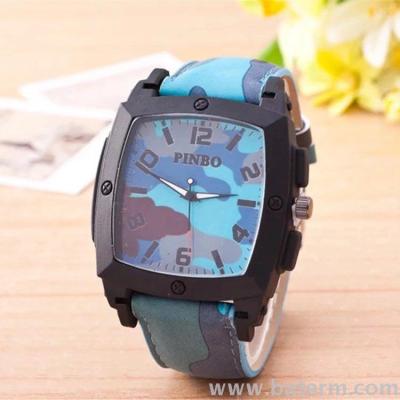 Trade selling fashion rectangle black Camo camouflage men's leather strap watch sport men's watch quartz watch