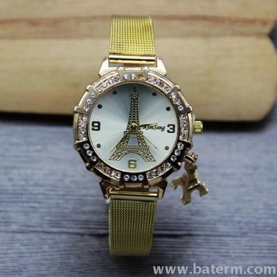 Aliexpress explosions literal fashion cartoon pendants Gold Mesh ladies watch quartz watch networks band women watch