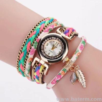 Aliexpress explosions fashion colorful hand-woven wrapped with two rings Bracelet Watch women's Bracelet Watch