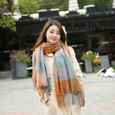 Korean Style New Dual Purpose Cashmere-like Long Plaid Scarf Women's Winter Shawl Thickened Warm Fringe Bib
