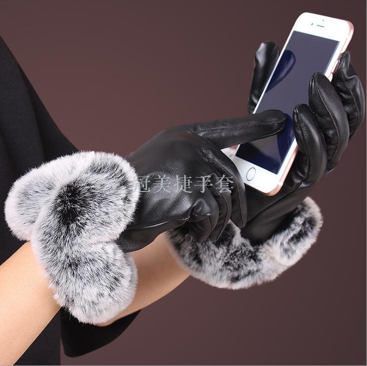 高档皮手套女冬时尚獭兔毛口加绒加厚保暖骑车开车水洗皮手套触屏