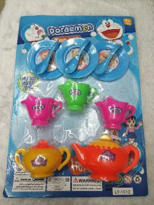 Tea sets are packed with multi-colored plastic toys.